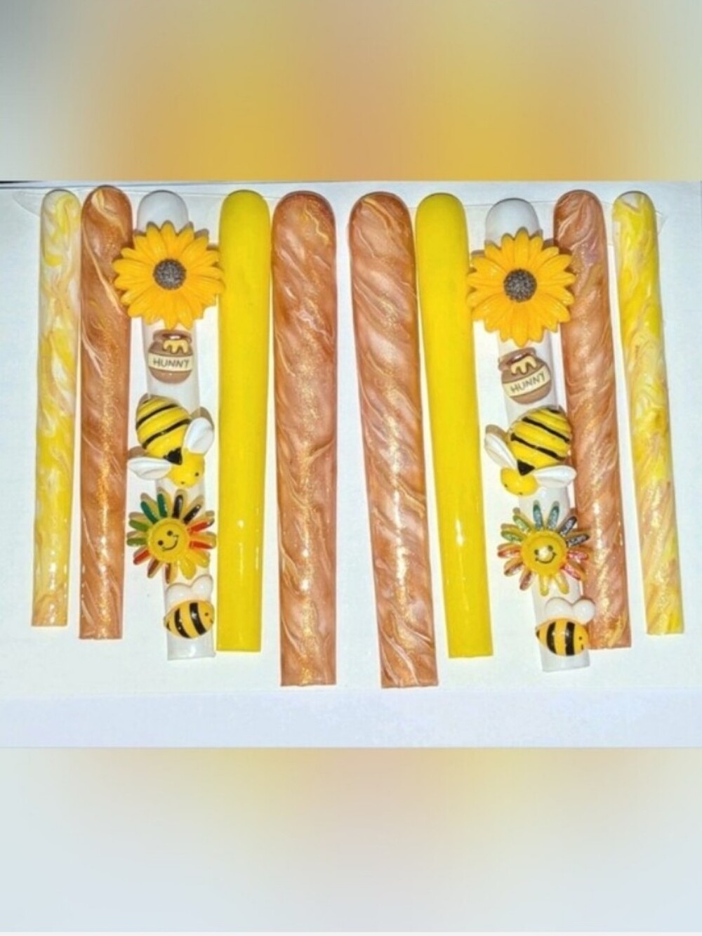 Handmade Yellow & Gold Bee-Themed 6XL Press-On Nails Size Medium